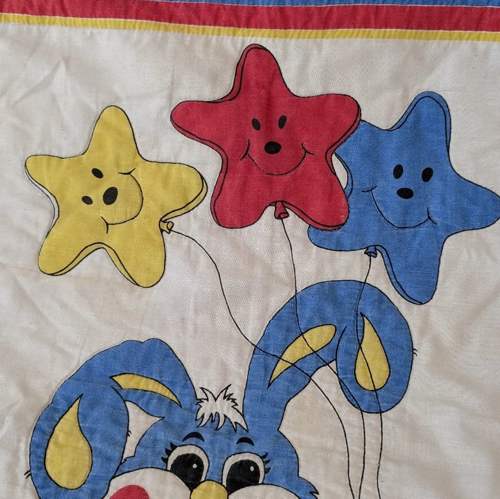 Vintage Blue Bunny Rabbit w/ Yellow Red Blue Star Balloons Crib Sheet 80s 90s